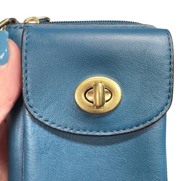 Coach Campbell Universal Zip Around Leather Turn Lock Wristlet Wallet Blue - Picture 11 of 16